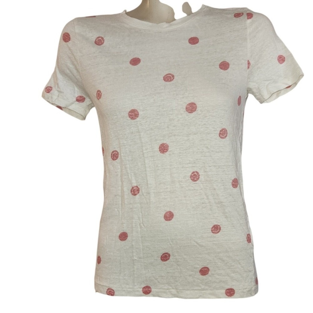 J Crew Linen Knit Tee XS Cream Red Polka Dot Smiley Face Short Sleeve AY456 SU21